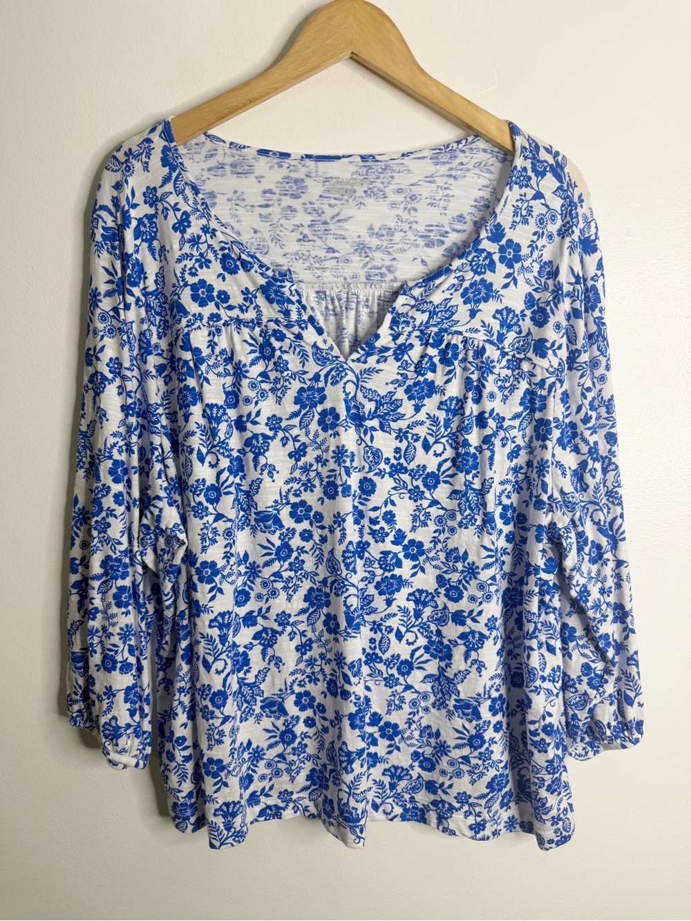 NEW Lands End Blue White Floral Peasant Top Split Neck Long Sleeve Boho 2X
